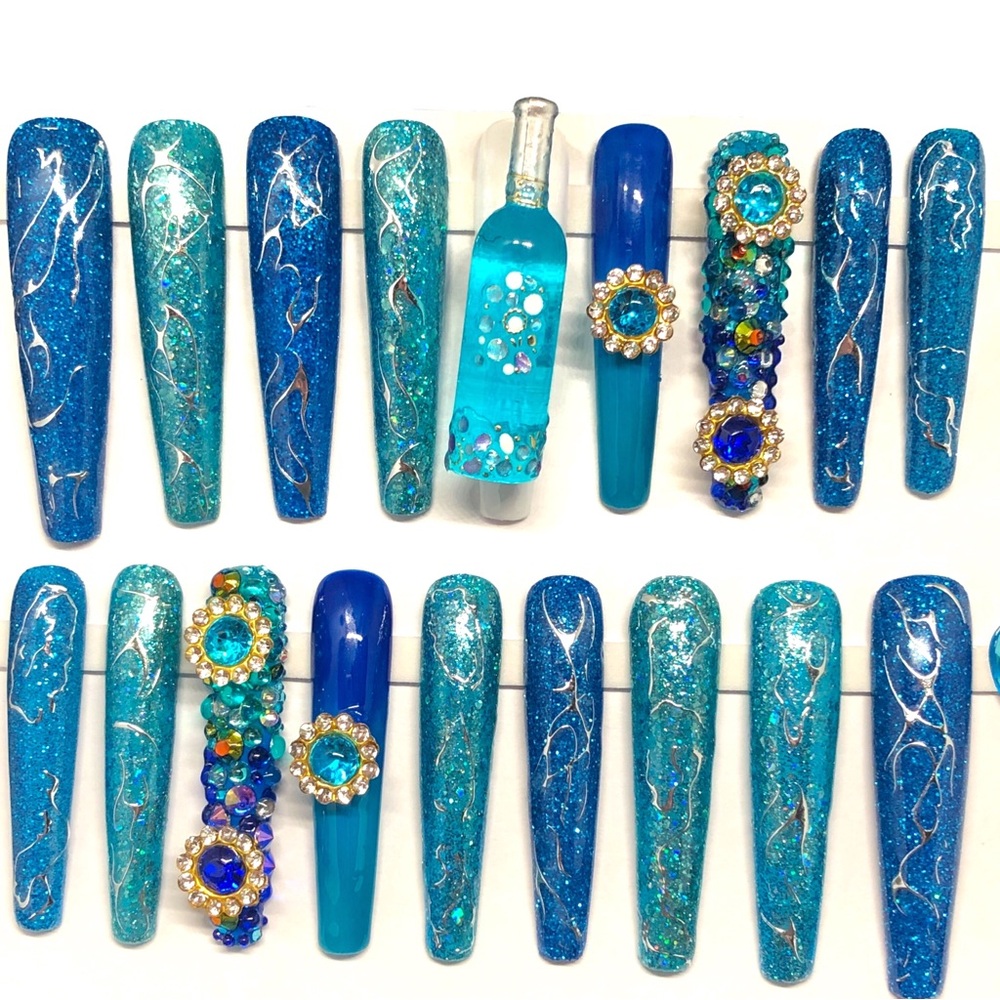 Handmade Press On Nails 2X Long Coffin Custom Hypnotic Blue Nails Full S… - Picture 8 of 10